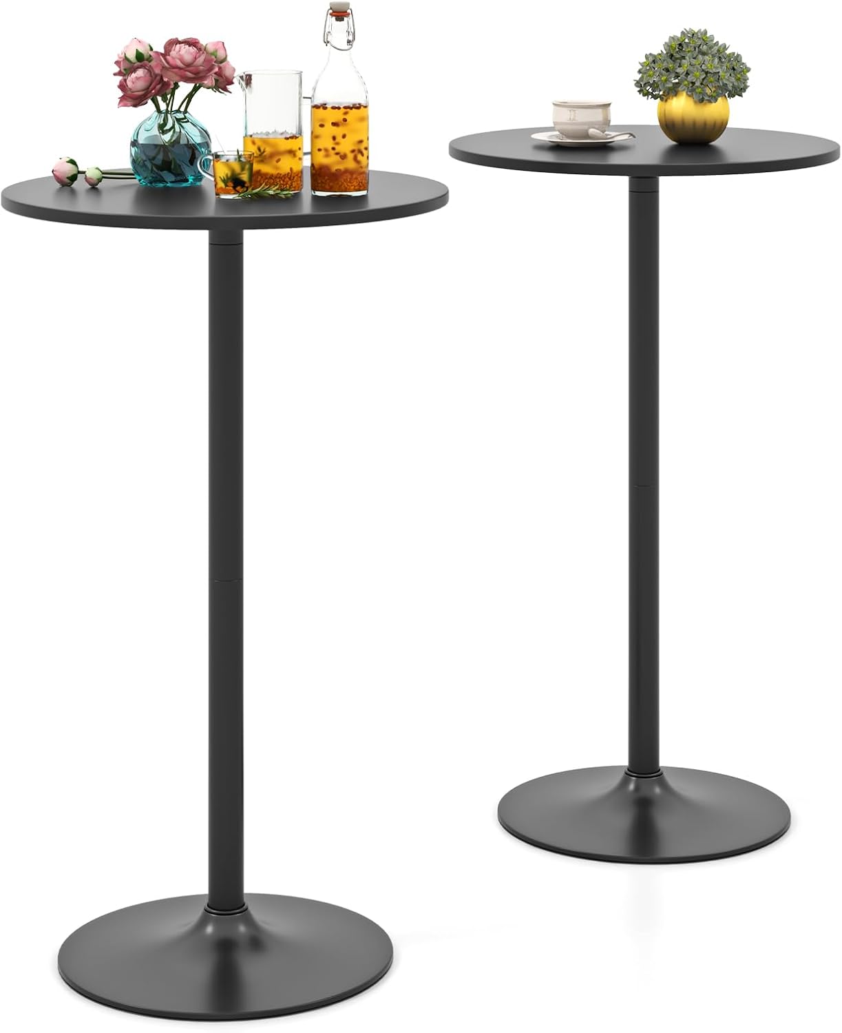 COSTWAY Round Bistro Table Se of 2, Height Adjustable Bar Height Cocktail Table, High Top Pub Table Snack Table with Heavy-Duty Metal Base for Home Bar, Dining Room, Restaurant, White
