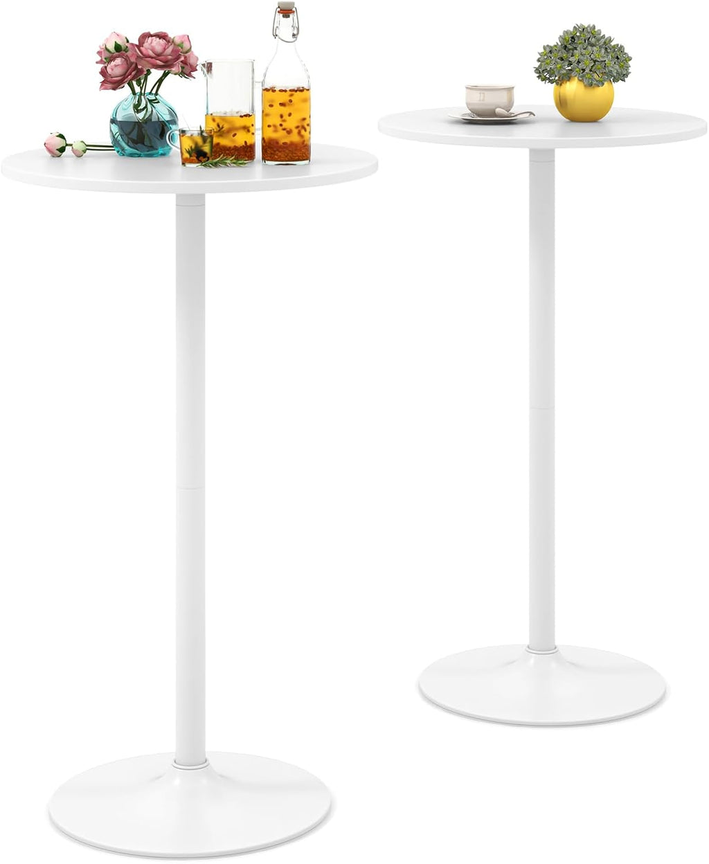 COSTWAY Round Bistro Table Se of 2, Height Adjustable Bar Height Cocktail Table, High Top Pub Table Snack Table with Heavy-Duty Metal Base for Home Bar, Dining Room, Restaurant, White