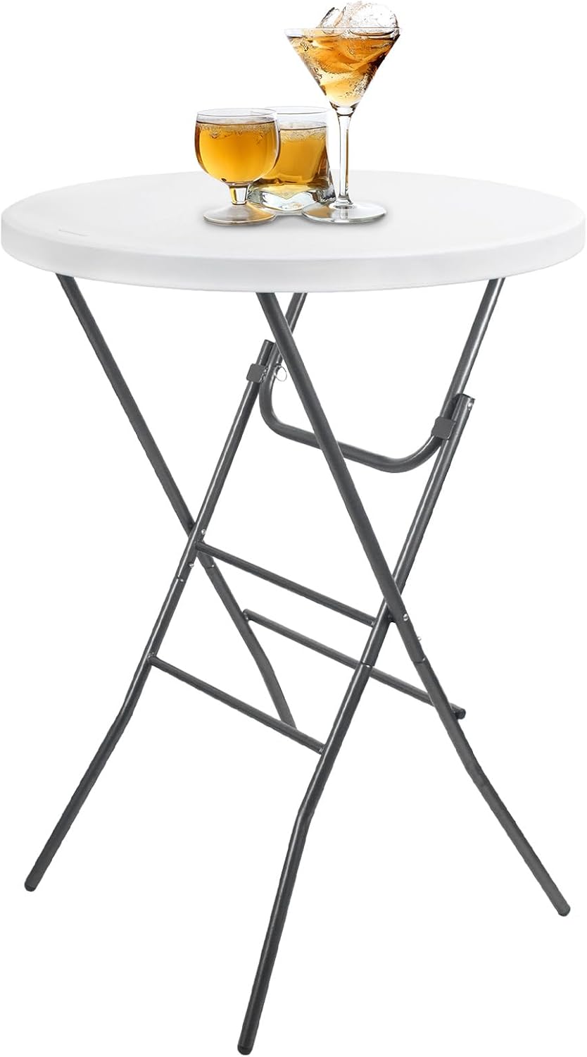 Cocktail Table 28in Portable Folding Bar Height Table, Compact Round High Top Plastic & Steel Bistro with Removable Legs, for Indoor Outdoor RV Patio Catering Parties Commercial Events-1pc