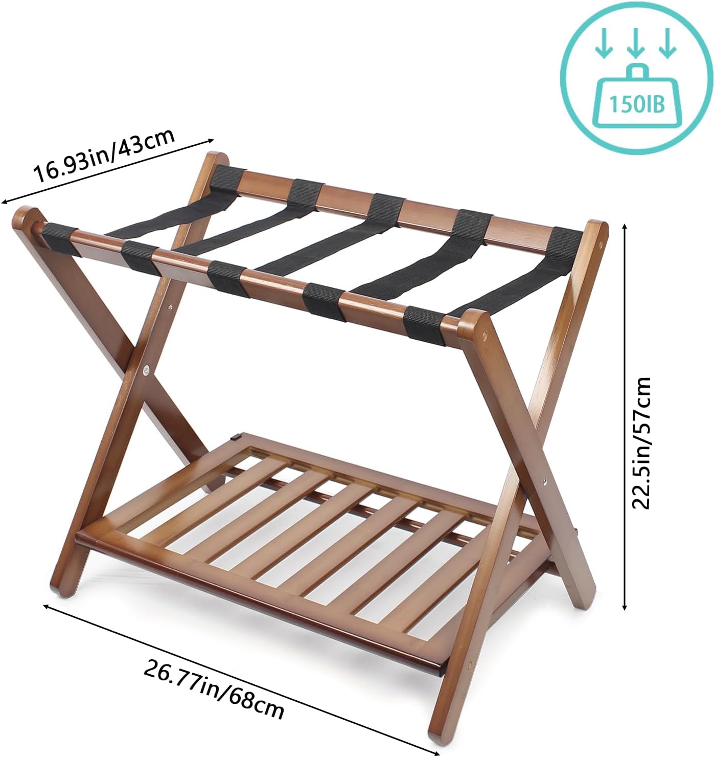Fully Assembled Walnut Bamboo Luggage Rack with Shoe Shelf, Folding Suitcase Stand with 5 Heavy-Duty Straps, Large Wooden Luggage Holders for Guest Room, Ideal for Bedroom, Hotel