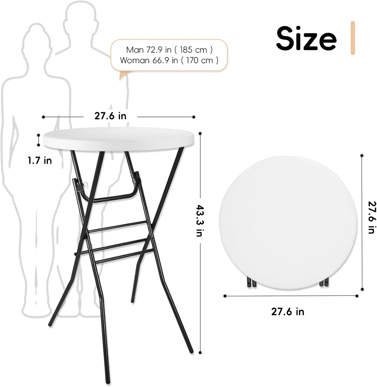 Cocktail Table 28in Portable Folding Bar Height Table, Compact Round High Top Plastic & Steel Bistro with Removable Legs, for Indoor Outdoor RV Patio Catering Parties Commercial Events-1pc