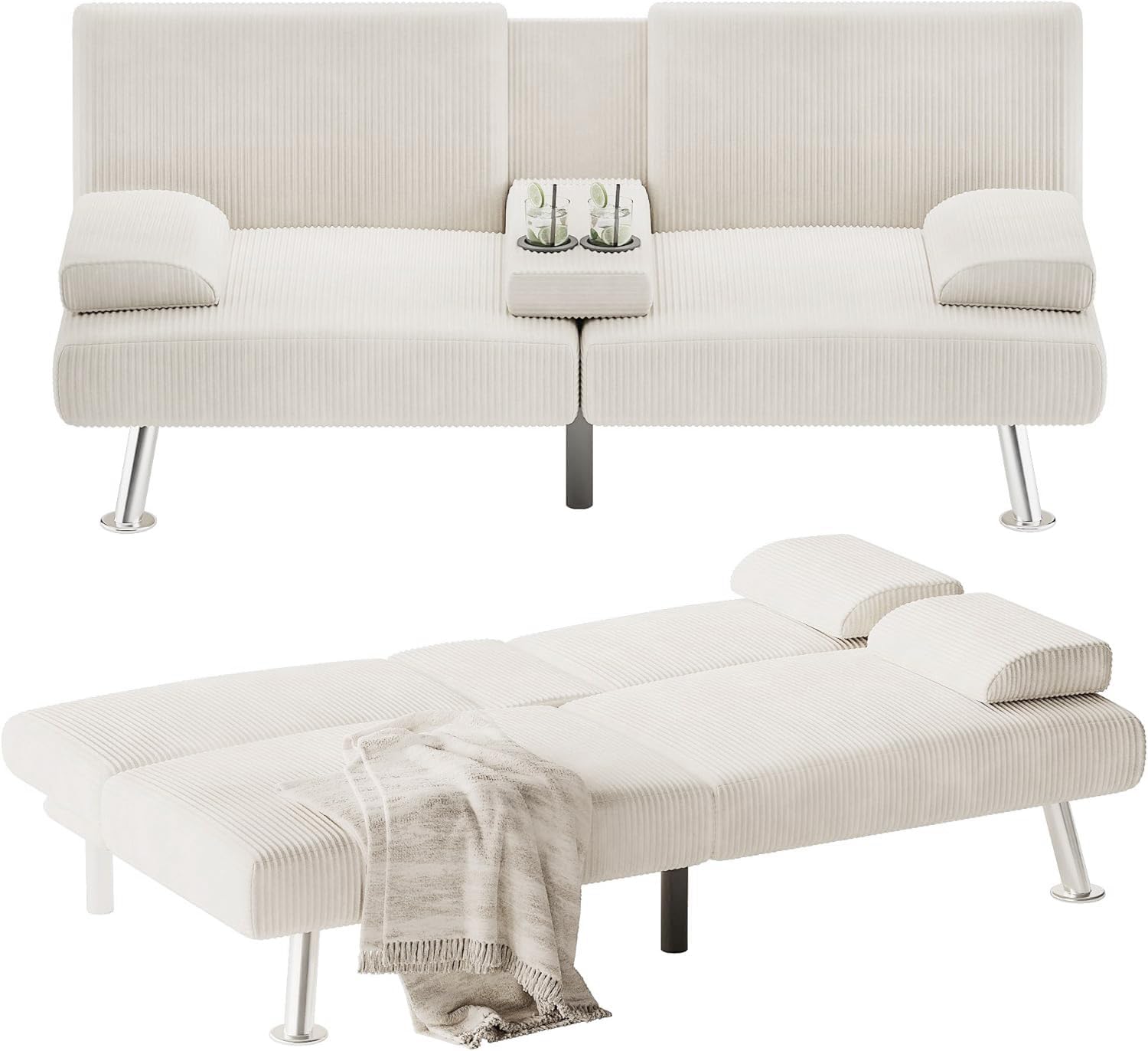 Flamaker Futon Sofa Bed Modern Folding Futon Set Convertible Recliner Lounge for Living Room with 2 Cup Holders, Removable Armrests (PU Leather, Black)