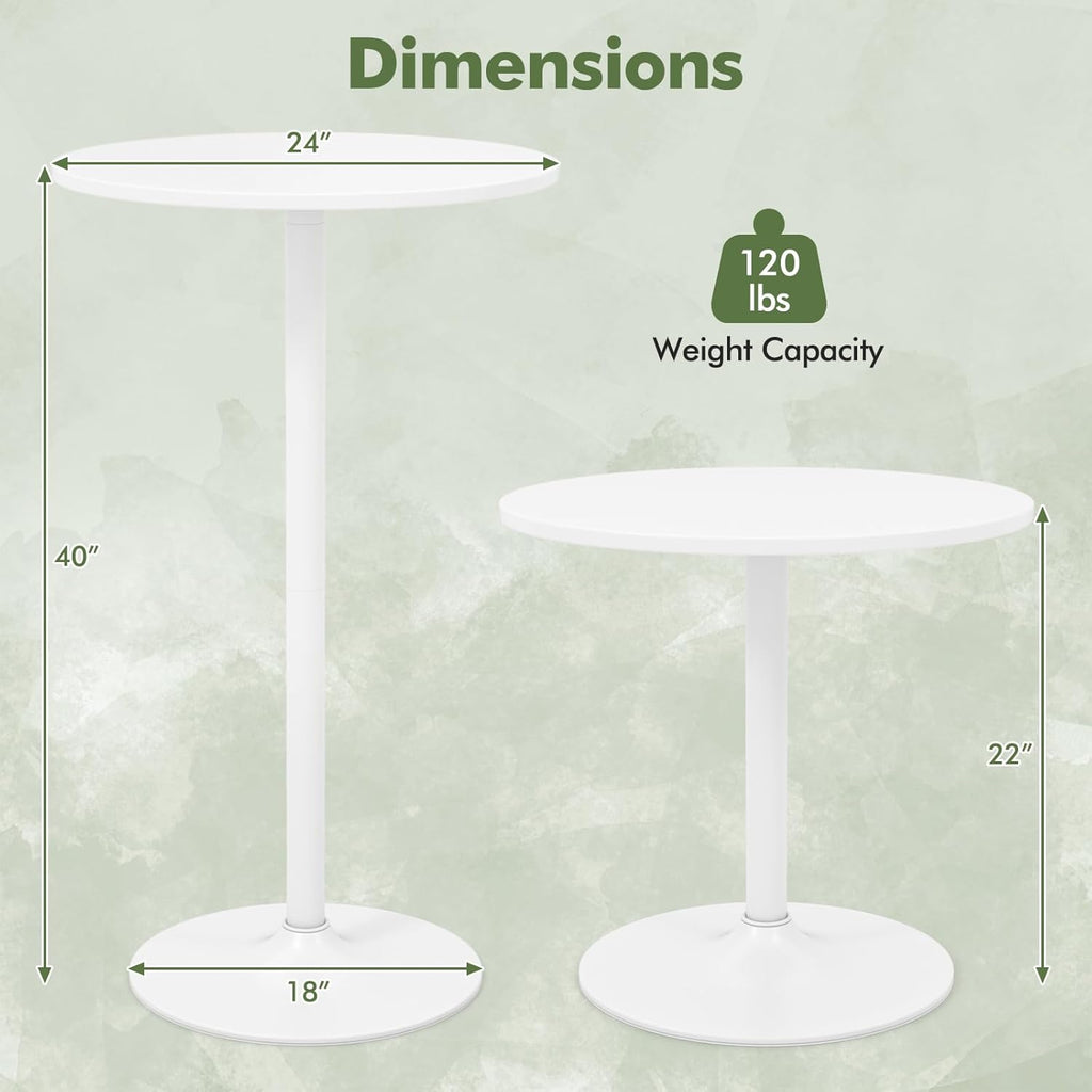 COSTWAY Round Bistro Table Se of 2, Height Adjustable Bar Height Cocktail Table, High Top Pub Table Snack Table with Heavy-Duty Metal Base for Home Bar, Dining Room, Restaurant, White