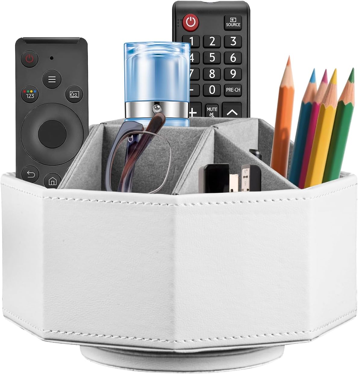 Swivel Remote Control Holder, 9 Rooms Desk Organizer and Decorations for Living Room, Leather Bedside Storage Caddy for TV Controllers/ Makeup Brush Pen/ Office Stationery/ Art Supplies/ Eyeglasses