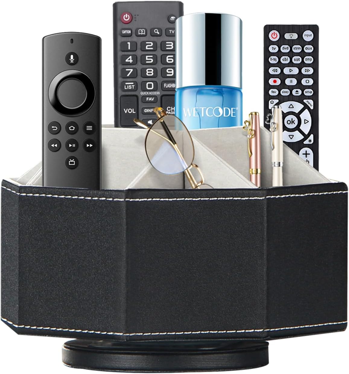 Swivel Remote Control Holder, 9 Rooms Desk Organizer and Decorations for Living Room, Leather Bedside Storage Caddy for TV Controllers/ Makeup Brush Pen/ Office Stationery/ Art Supplies/ Eyeglasses