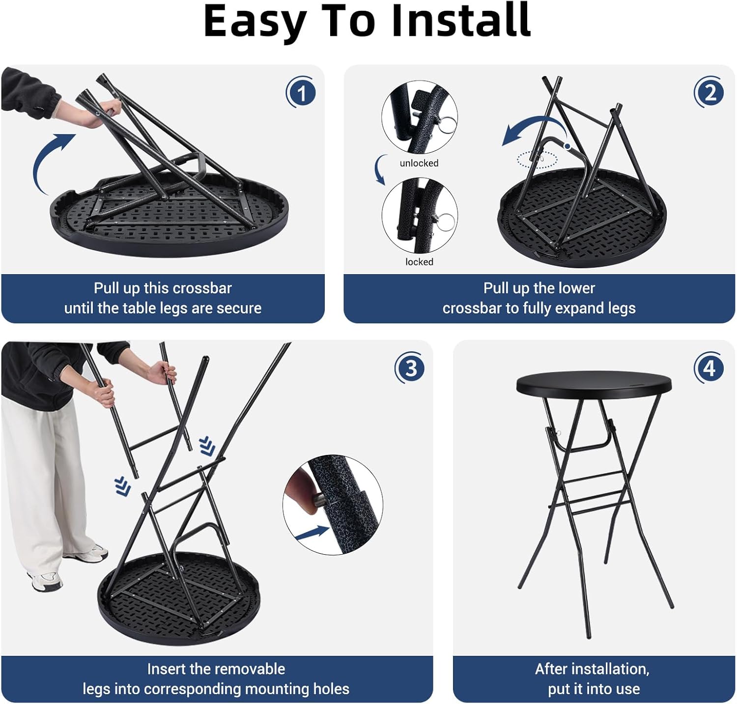 Cocktail Table 28in High Top Round Folding Indoor Outdoor, Plastic Bar Height Foldable Bistro Tall Table for Party, Patio, Dining Room, Kitchen, Events, Removable Locking Legs, Black