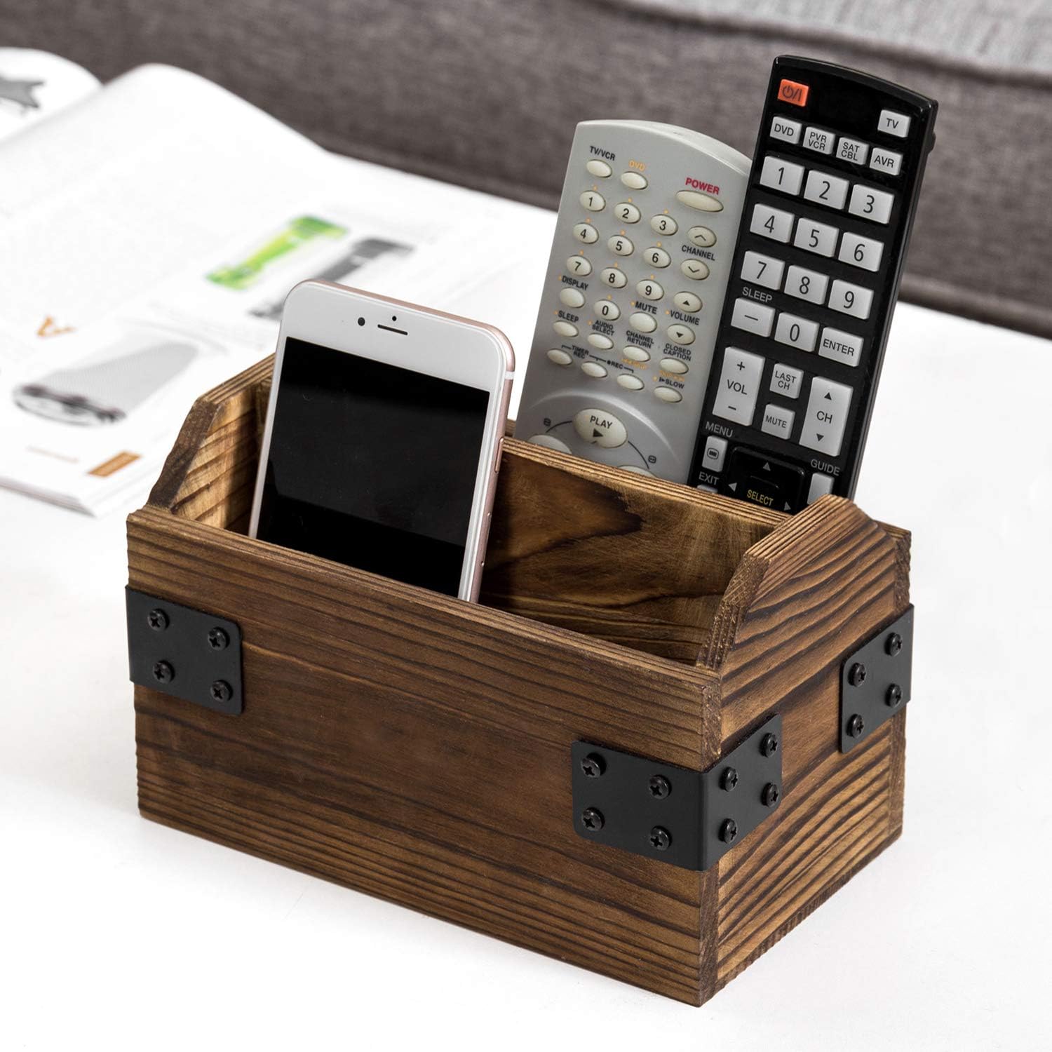 MyGift Rustic Burnt Wood TV Remote Control Organizer Holder Storage Caddy for Table with 2 Compartments and Decorative Black Metal Wrap Accents