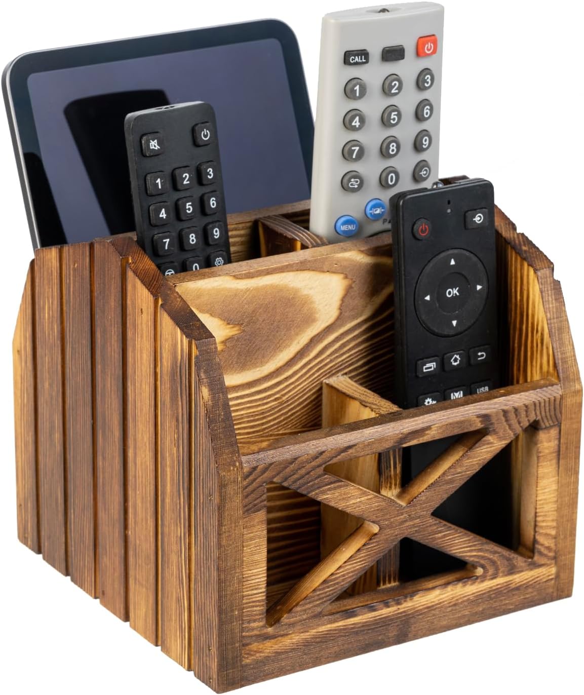 FARM IN Remote Control Holder,TV Remote Holder,Remote Caddy,Solid Wood Remote Control Holder with Cursive Letters Design, Whitewashed Solid Pine Wood with Black Cursive Letters Remotes