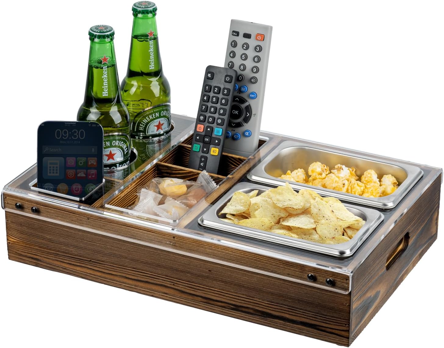 MyGift Rustic Burnt Wood TV Remote Control Organizer Holder Storage Caddy for Table with 2 Compartments and Decorative Black Metal Wrap Accents