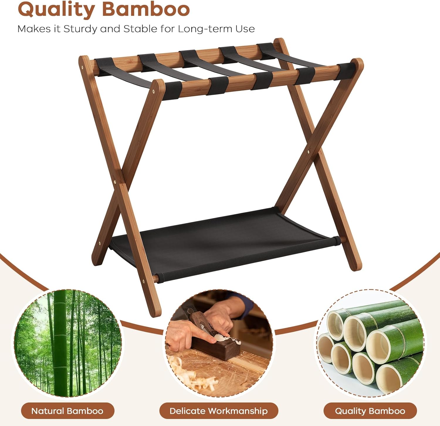 Fully Assembled Walnut Luggage Racks Set of 2, Bamboo 26.77" Luggage Rack Stand for Guest Room, 5 Nylon Straps, Foldable Suitcase Stand with Storage Shelf for Bedroom Hotel, Holds up to 165 Lbs