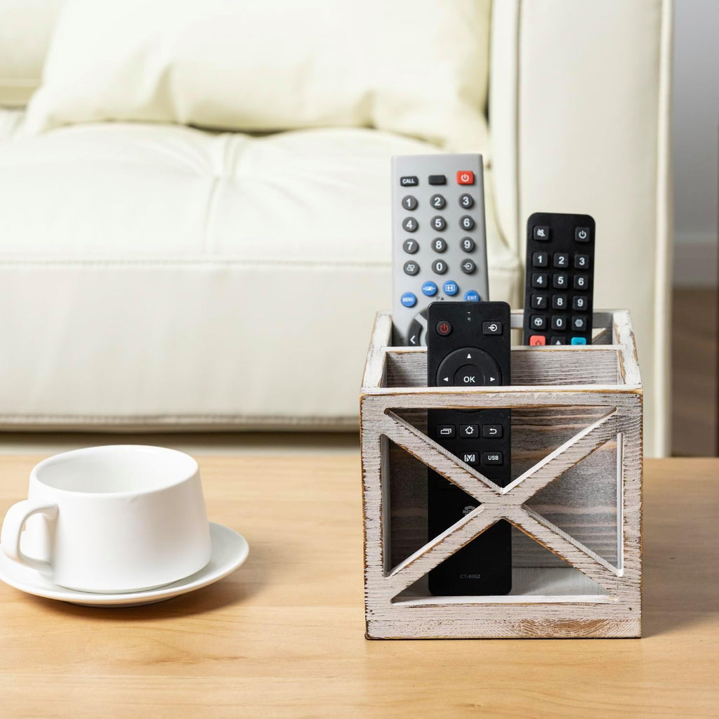 FARM IN Remote Control Holder,TV Remote Holder,Remote Caddy,Solid Wood Remote Control Holder with Cursive Letters Design, Whitewashed Solid Pine Wood with Black Cursive Letters Remotes