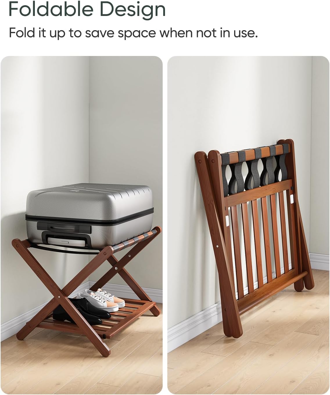 Fully Assembled Walnut Bamboo Luggage Rack with Shoe Shelf, Folding Suitcase Stand with 5 Heavy-Duty Straps, Large Wooden Luggage Holders for Guest Room, Ideal for Bedroom, Hotel