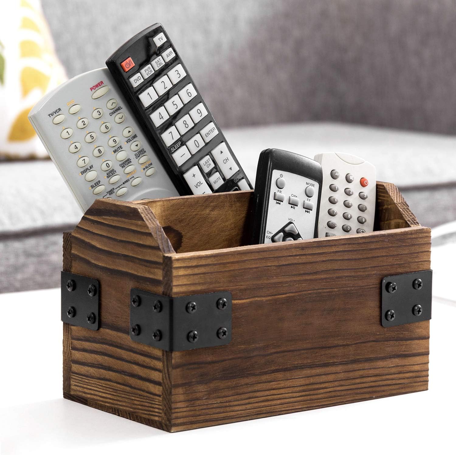 MyGift Rustic Burnt Wood TV Remote Control Organizer Holder Storage Caddy for Table with 2 Compartments and Decorative Black Metal Wrap Accents