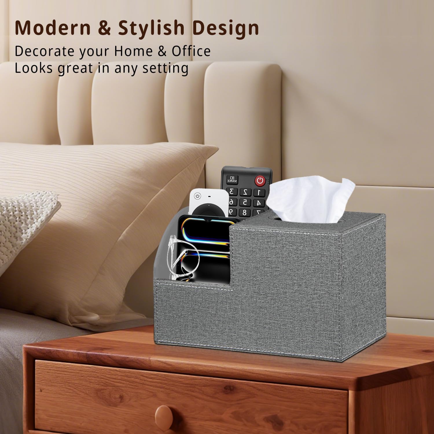 Square Multi-Functional Tissue Box Cover with Storage and Remote Control Holder - Cube Tissue Box Organizer for Bathroom, Nightstand, End Table