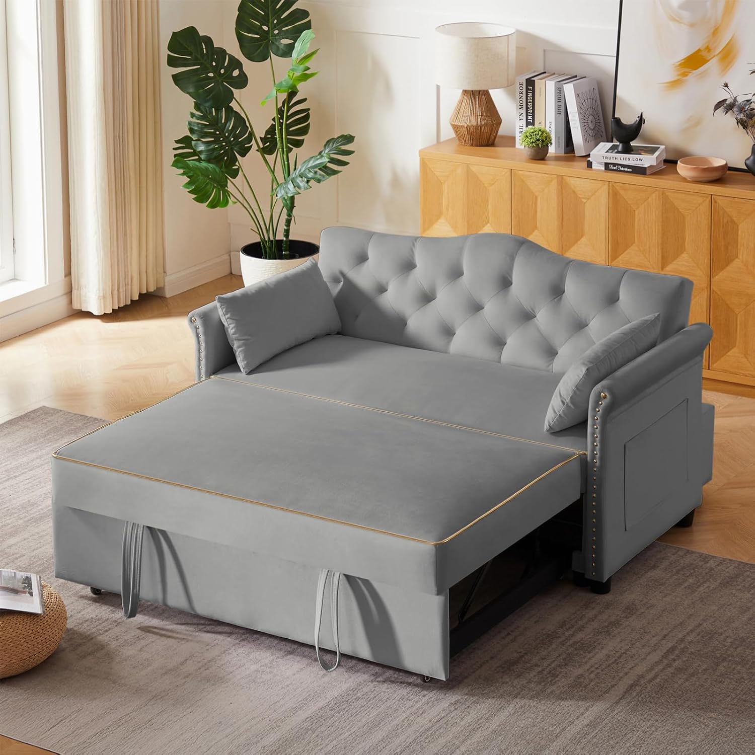 65'' 3-in-1 Folding Convertible Sofa Bed, Queen Size Pullout Sofa, Modern Chenille Fabric, 360° Swivel Side Table, Easy Assembly, Perfect for Living Room