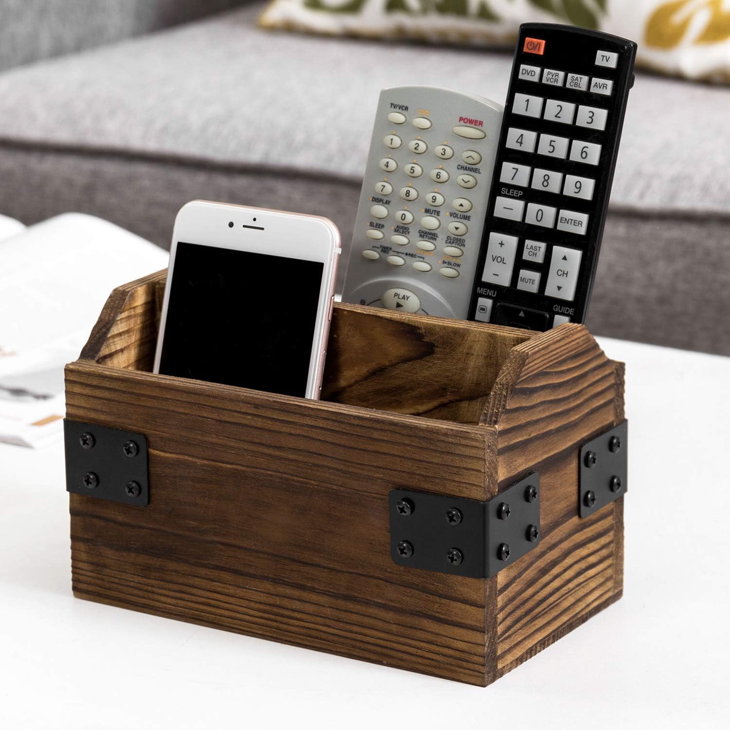 MyGift Rustic Burnt Wood TV Remote Control Organizer Holder Storage Caddy for Table with 2 Compartments and Decorative Black Metal Wrap Accents