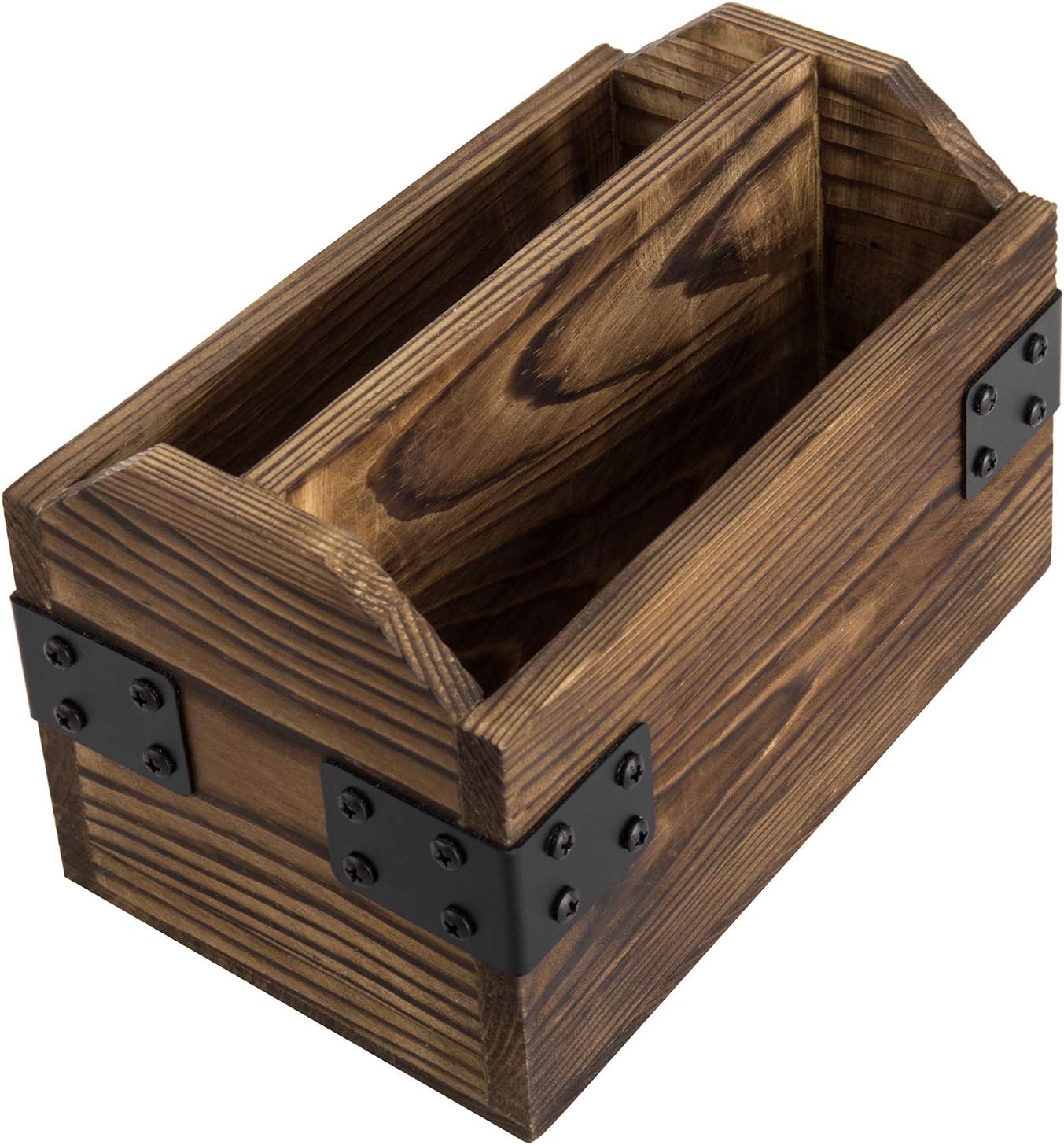 MyGift Rustic Burnt Wood TV Remote Control Organizer Holder Storage Caddy for Table with 2 Compartments and Decorative Black Metal Wrap Accents