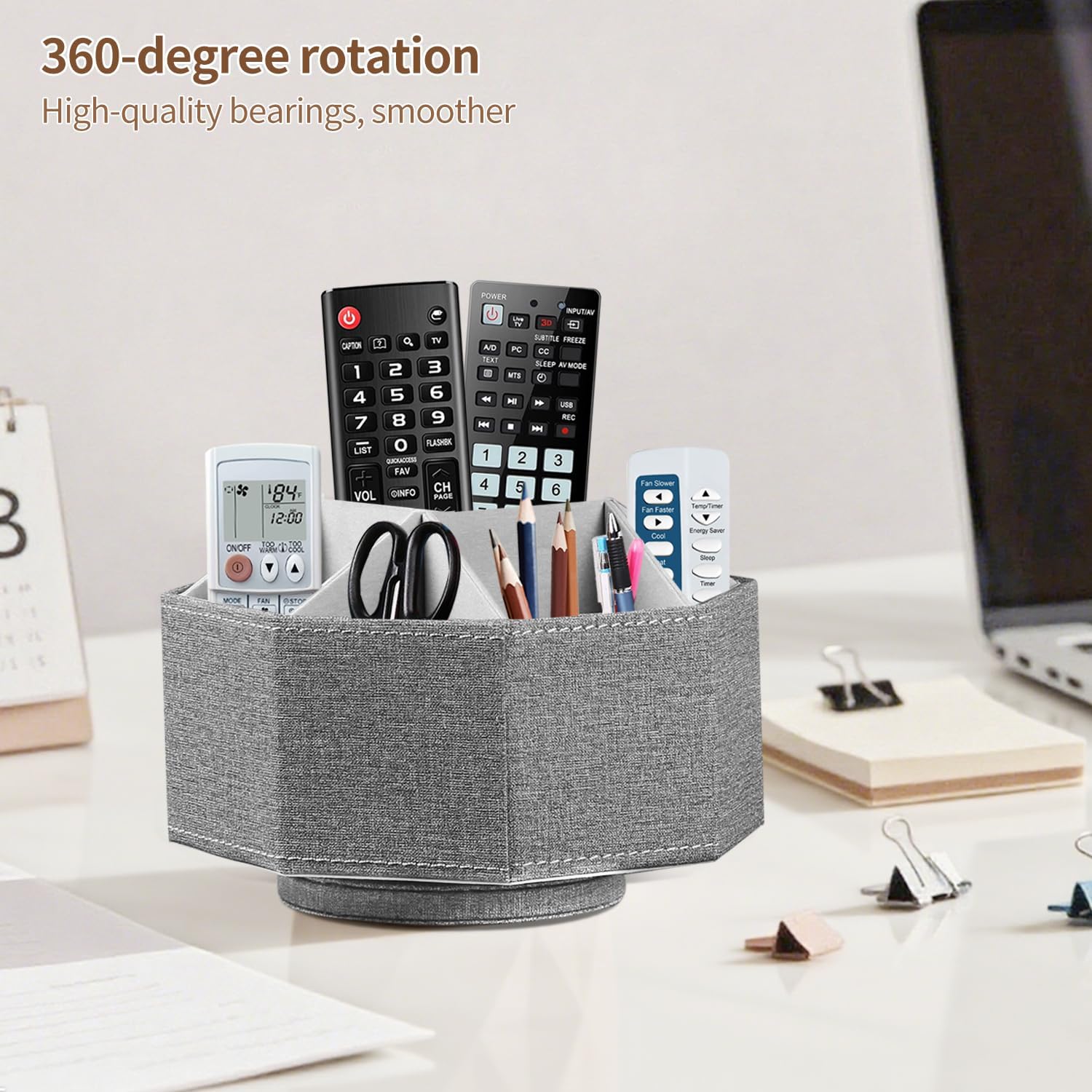 Swivel Remote Control Holder, 9 Rooms Desk Organizer and Decorations for Living Room, Leather Bedside Storage Caddy for TV Controllers/ Makeup Brush Pen/ Office Stationery/ Art Supplies/ Eyeglasses