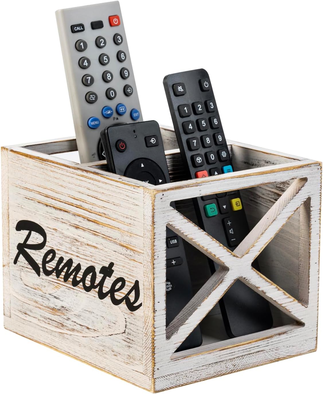 FARM IN Remote Control Holder,TV Remote Holder,Remote Caddy,Solid Wood Remote Control Holder with Cursive Letters Design, Whitewashed Solid Pine Wood with Black Cursive Letters Remotes