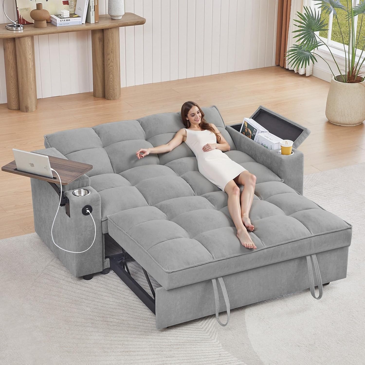 65'' 3-in-1 Folding Convertible Sofa Bed, Queen Size Pullout Sofa, Modern Chenille Fabric, 360° Swivel Side Table, Easy Assembly, Perfect for Living Room