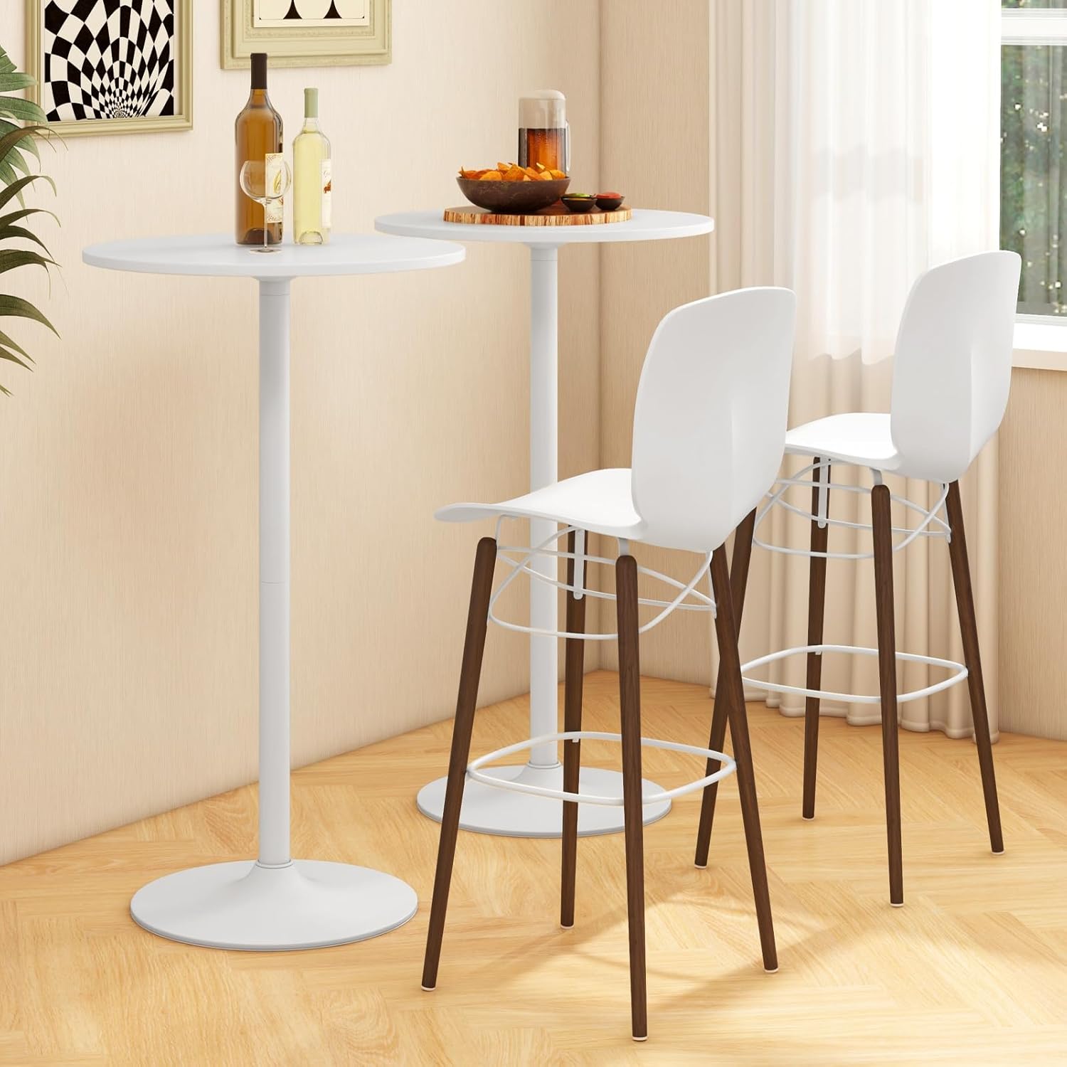 COSTWAY Round Bistro Table Se of 2, Height Adjustable Bar Height Cocktail Table, High Top Pub Table Snack Table with Heavy-Duty Metal Base for Home Bar, Dining Room, Restaurant, White