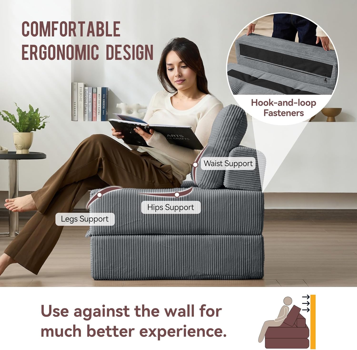 Folding Sofa Bed, 3-in-1 Convertible Sleeper Chair Corduroy High-Density Foam Futon Floor Couch Fold Out Chair Bed Sleeper for Adults Living Room Bedroom, Gray