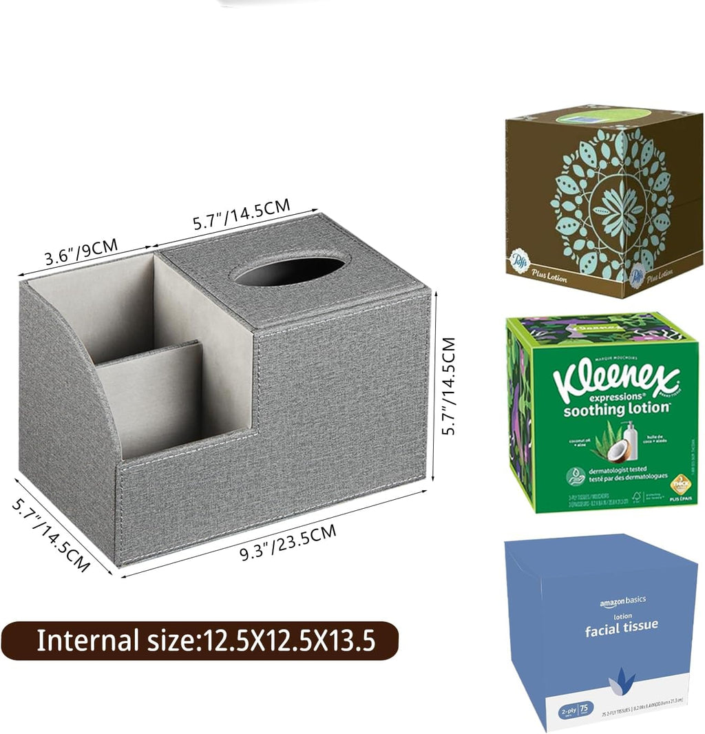Square Multi-Functional Tissue Box Cover with Storage and Remote Control Holder - Cube Tissue Box Organizer for Bathroom, Nightstand, End Table