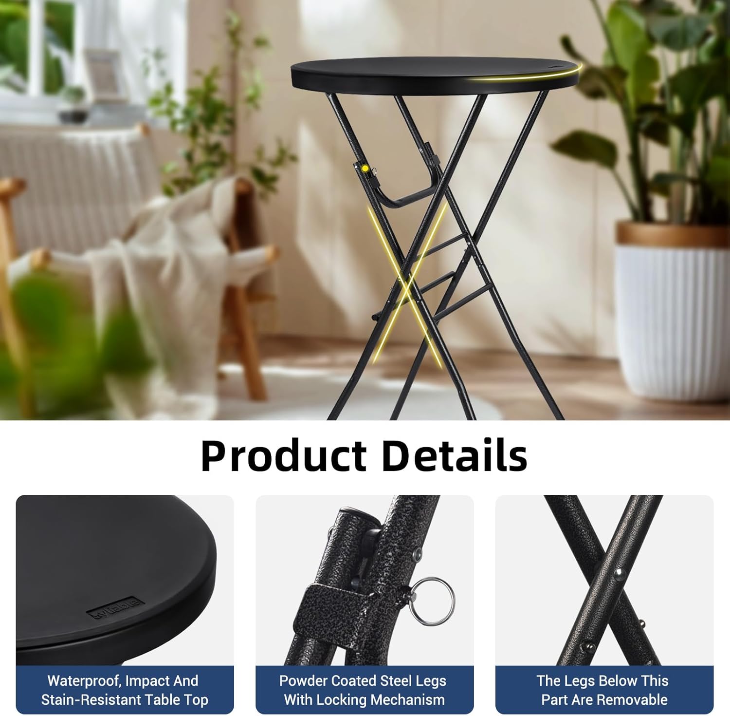 Cocktail Table 28in High Top Round Folding Indoor Outdoor, Plastic Bar Height Foldable Bistro Tall Table for Party, Patio, Dining Room, Kitchen, Events, Removable Locking Legs, Black