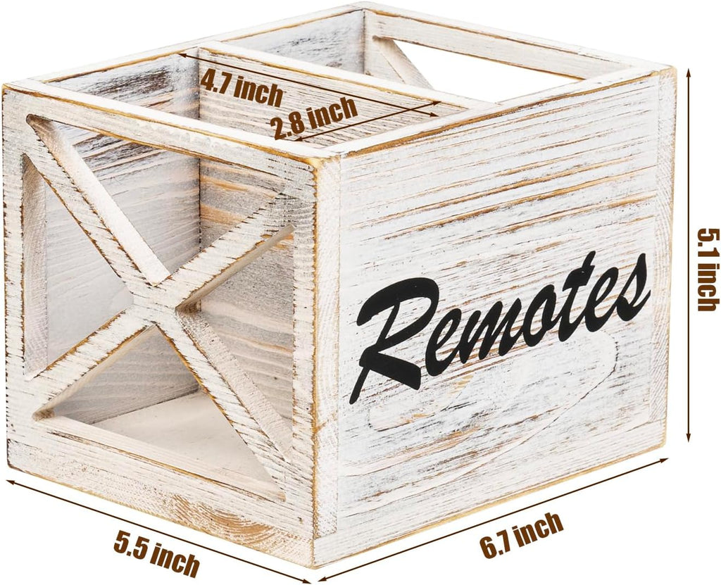 FARM IN Remote Control Holder,TV Remote Holder,Remote Caddy,Solid Wood Remote Control Holder with Cursive Letters Design, Whitewashed Solid Pine Wood with Black Cursive Letters Remotes