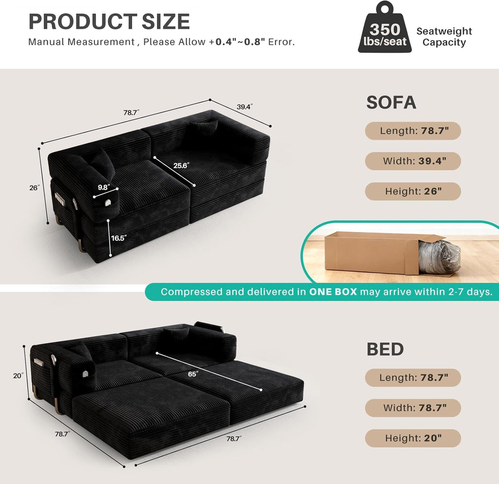 78" Convertible Sofa Bed, Modular Corduroy Floor Sleeper Sofa with Fixed-Shape Frame and 2 Pillows, Love Seat Folding Mattress Couch for Living Room Small Spaces - No Assembly, Black