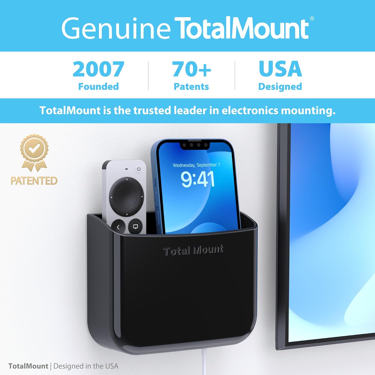 TotalMount Hole-Free Remote Holders – Eliminate Need to Drill Holes in Your Wall (For 2 or 3 Remote Controls – Black – Quantity 2)