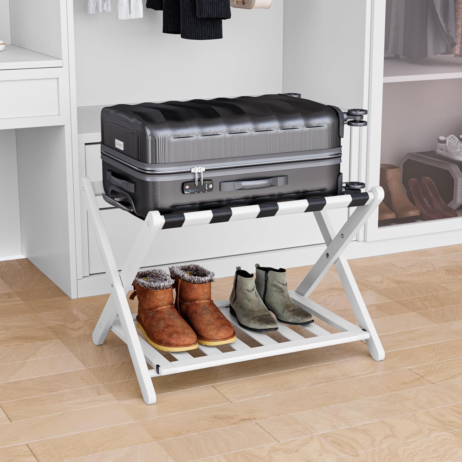 Fully Assembled Walnut Bamboo Luggage Rack with Shoe Shelf, Folding Suitcase Stand with 5 Heavy-Duty Straps, Large Wooden Luggage Holders for Guest Room, Ideal for Bedroom, Hotel