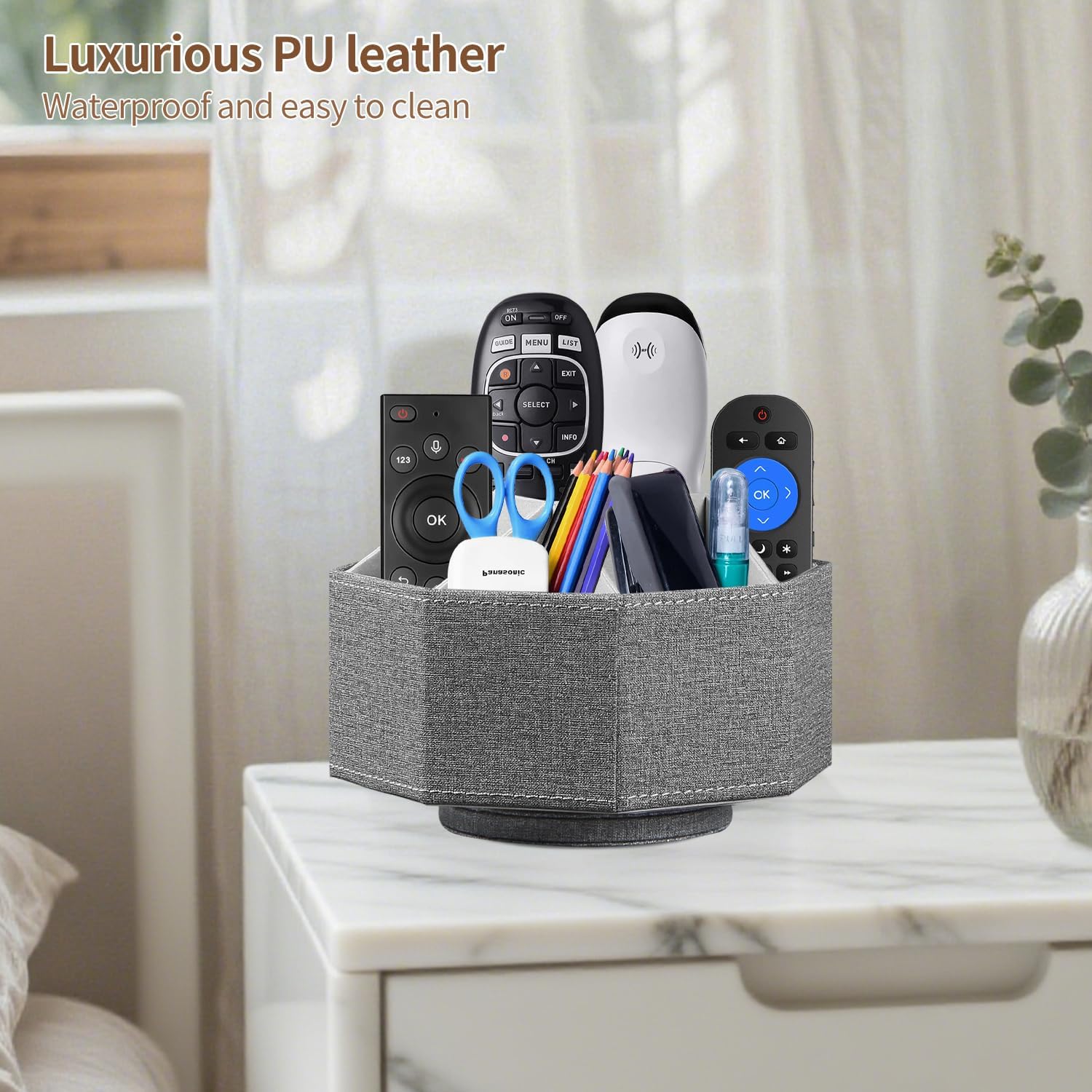 Swivel Remote Control Holder, 9 Rooms Desk Organizer and Decorations for Living Room, Leather Bedside Storage Caddy for TV Controllers/ Makeup Brush Pen/ Office Stationery/ Art Supplies/ Eyeglasses