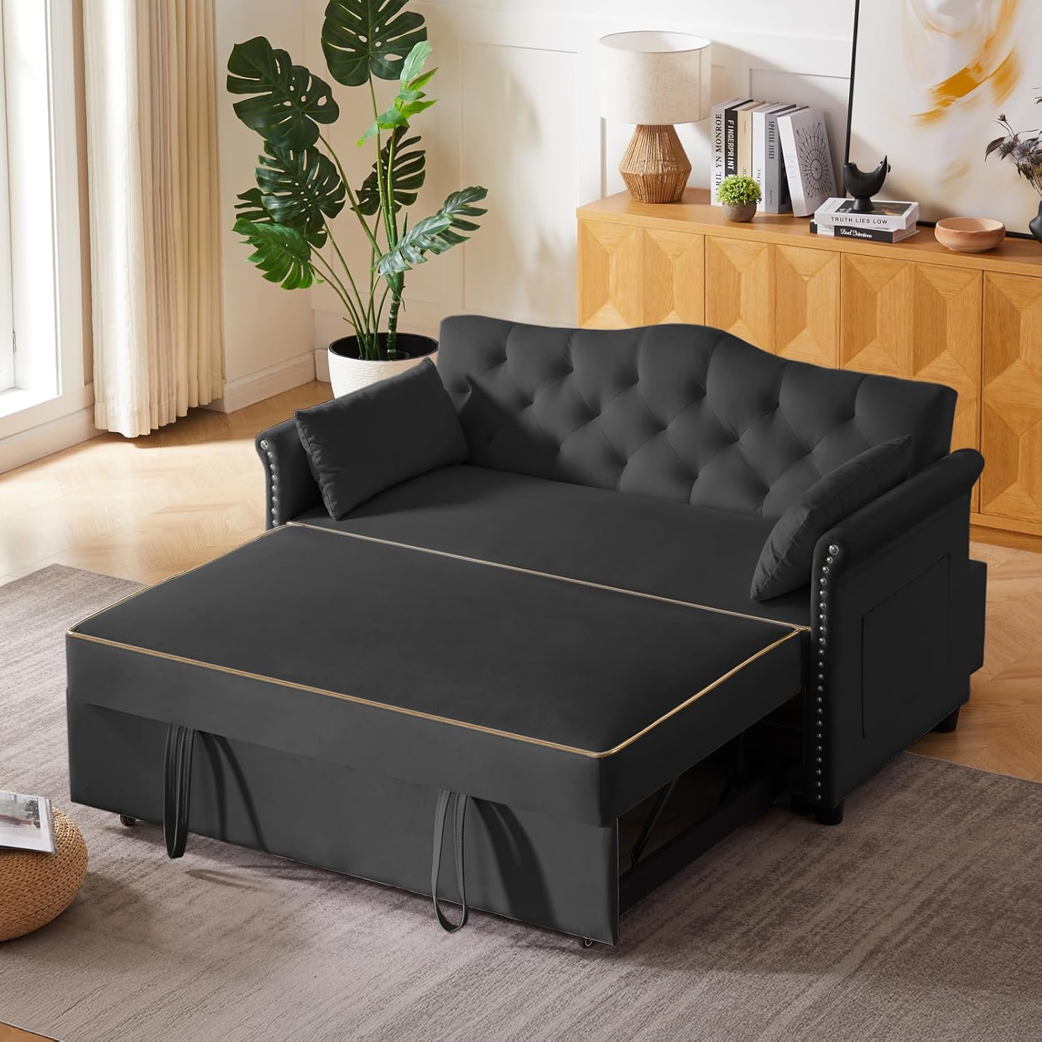 65'' 3-in-1 Folding Convertible Sofa Bed, Queen Size Pullout Sofa, Modern Chenille Fabric, 360° Swivel Side Table, Easy Assembly, Perfect for Living Room