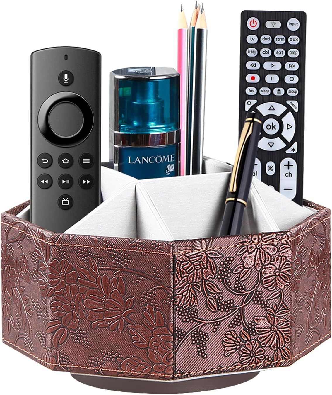 Swivel Remote Control Holder, 9 Rooms Desk Organizer and Decorations for Living Room, Leather Bedside Storage Caddy for TV Controllers/ Makeup Brush Pen/ Office Stationery/ Art Supplies/ Eyeglasses