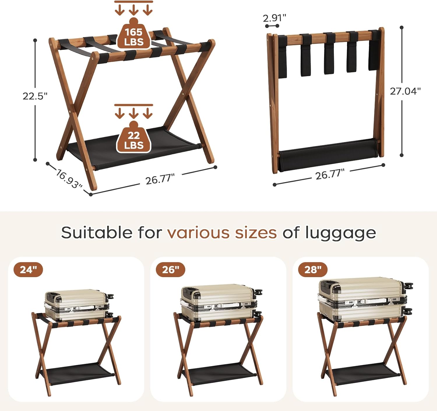 Fully Assembled Walnut Luggage Racks Set of 2, Bamboo 26.77" Luggage Rack Stand for Guest Room, 5 Nylon Straps, Foldable Suitcase Stand with Storage Shelf for Bedroom Hotel, Holds up to 165 Lbs