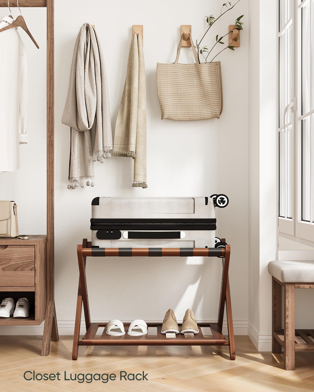 Fully Assembled Walnut Bamboo Luggage Rack with Shoe Shelf, Folding Suitcase Stand with 5 Heavy-Duty Straps, Large Wooden Luggage Holders for Guest Room, Ideal for Bedroom, Hotel