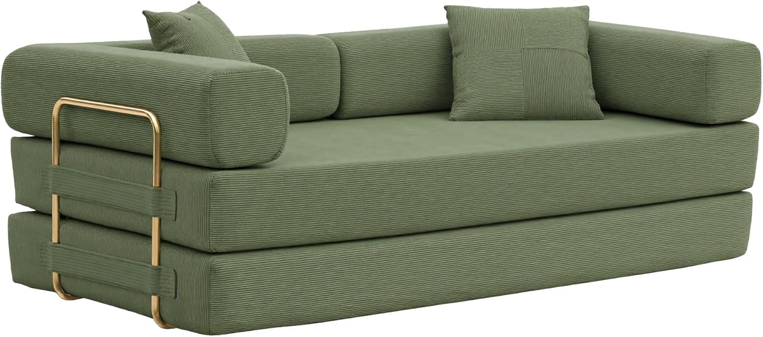 Convertible Couch Sofa Bed Foldable Floor Sleeper | Modern Deep Seat Fold Out Couch | Removable Backrest & Armrests | No Assembly Compression Sofa Sleeper for Living Room, Bedroom | Corduroy Green
