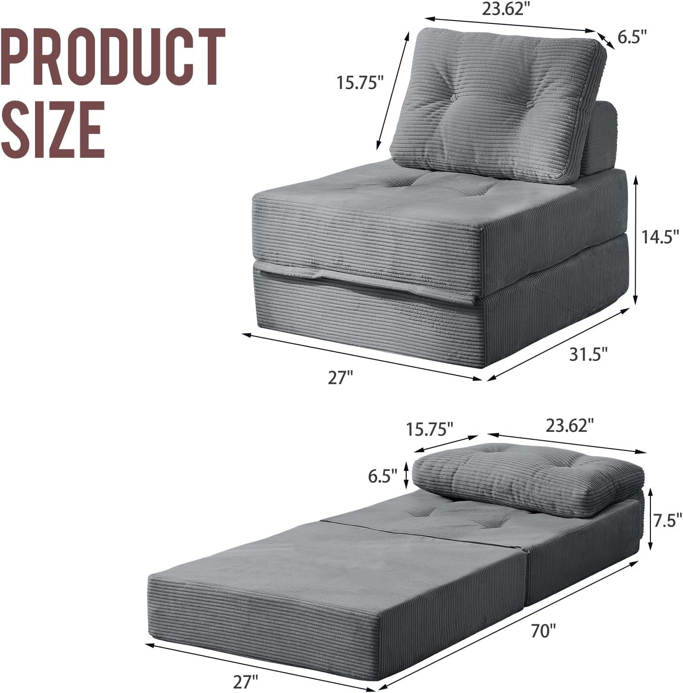 Folding Sofa Bed, 3-in-1 Convertible Sleeper Chair Corduroy High-Density Foam Futon Floor Couch Fold Out Chair Bed Sleeper for Adults Living Room Bedroom, Gray