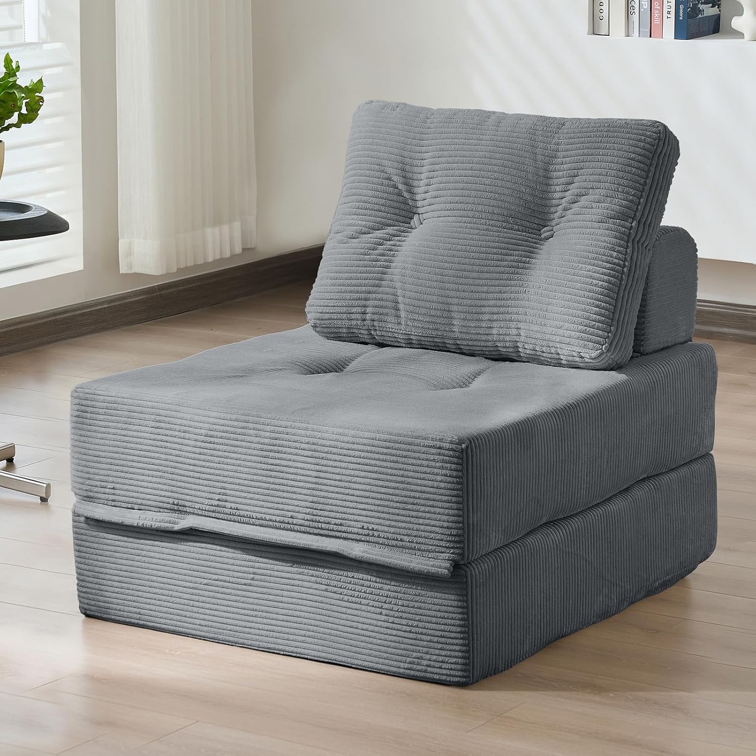 Folding Sofa Bed, 3-in-1 Convertible Sleeper Chair Corduroy High-Density Foam Futon Floor Couch Fold Out Chair Bed Sleeper for Adults Living Room Bedroom, Gray