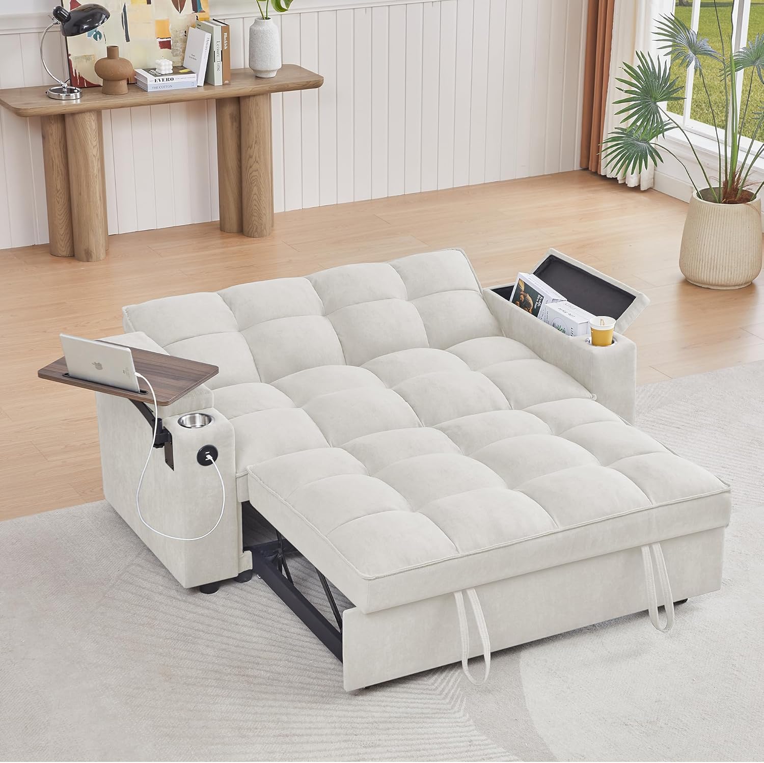 65'' 3-in-1 Folding Convertible Sofa Bed, Queen Size Pullout Sofa, Modern Chenille Fabric, 360° Swivel Side Table, Easy Assembly, Perfect for Living Room