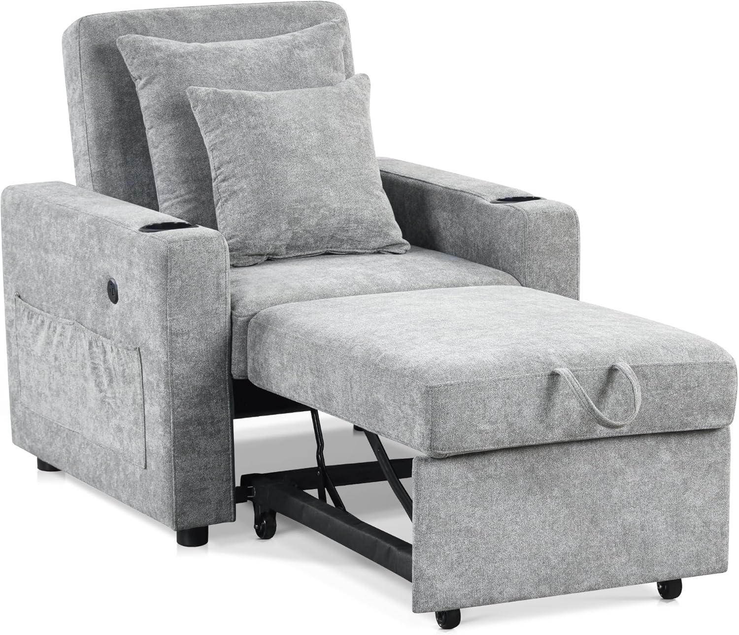 MCombo Convertible Sleeper Chair Bed, 3-in-1 Folding Sofa Chair with Adjustable Backrest, Pull-Out Bed with USB Port, Cup Holders, Linen Fabric, for Small Spaces Living Room Guest Room Office VN6001