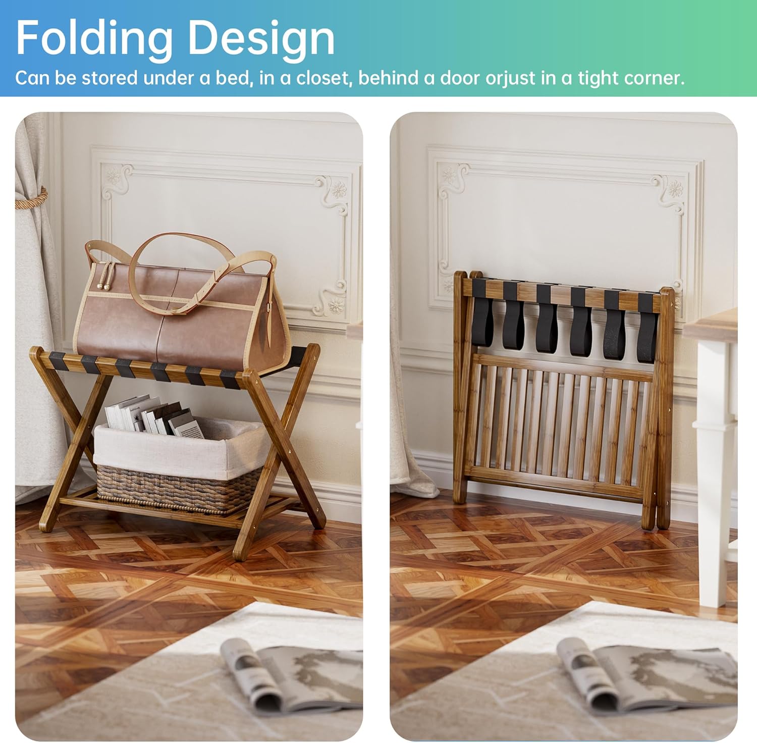 SMIBUY Luggage Rack, Set of 2, Foldable Bamboo Suitcase Stand with Storage Shelf for Guest Room, Bedroom, Hotel, Heavy-Duty (Walnut)