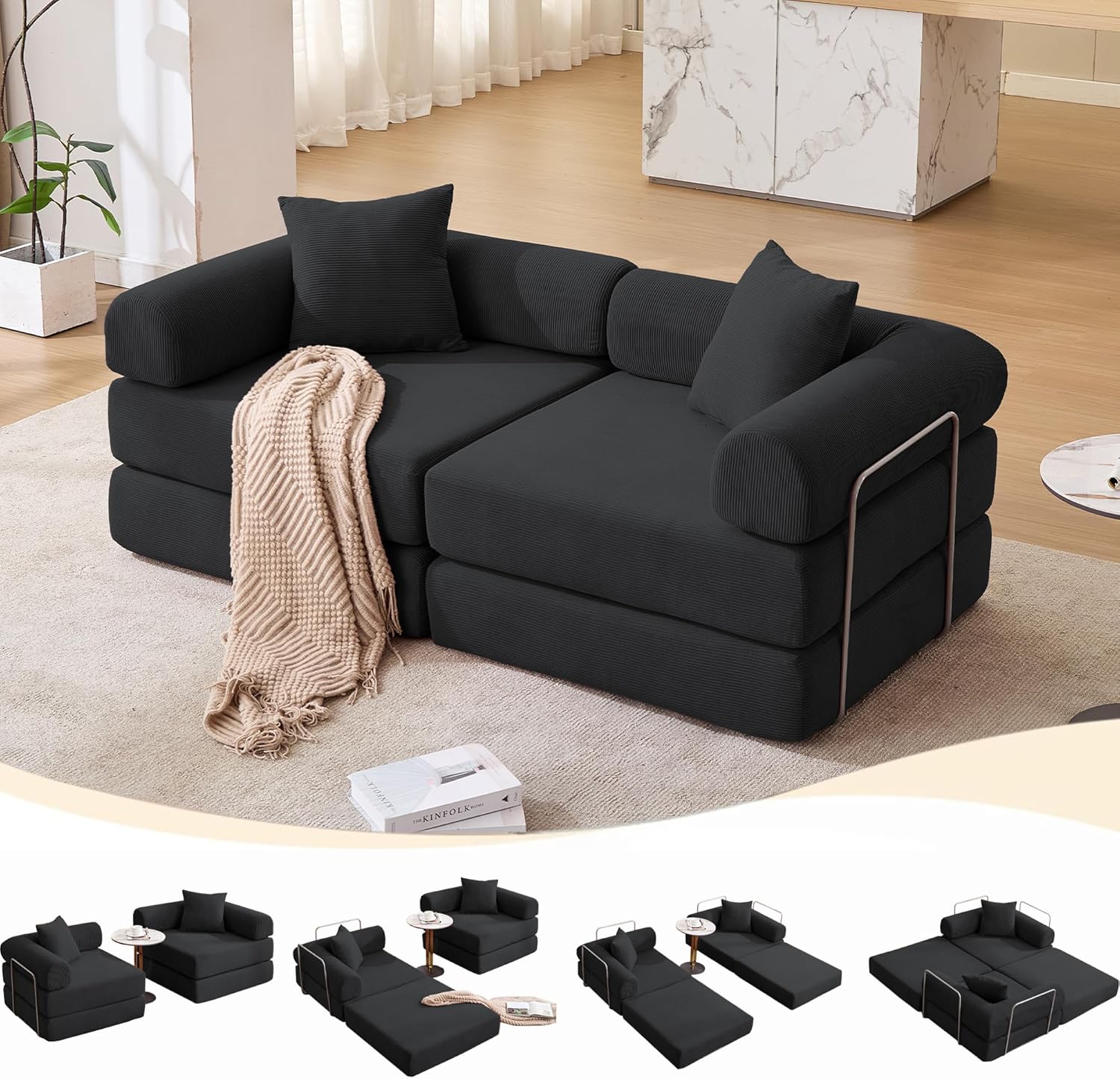 73" Convertible Sleeper Sofa Bed, Corduroy Boneless Couch in a Box, 4-in-1 Folding Mattress Loveseat Couch, Comfy Modular Foldable Floor Sleeper Sofa with 2 Pillows and Fixed-Shape Frame (Green, 73")