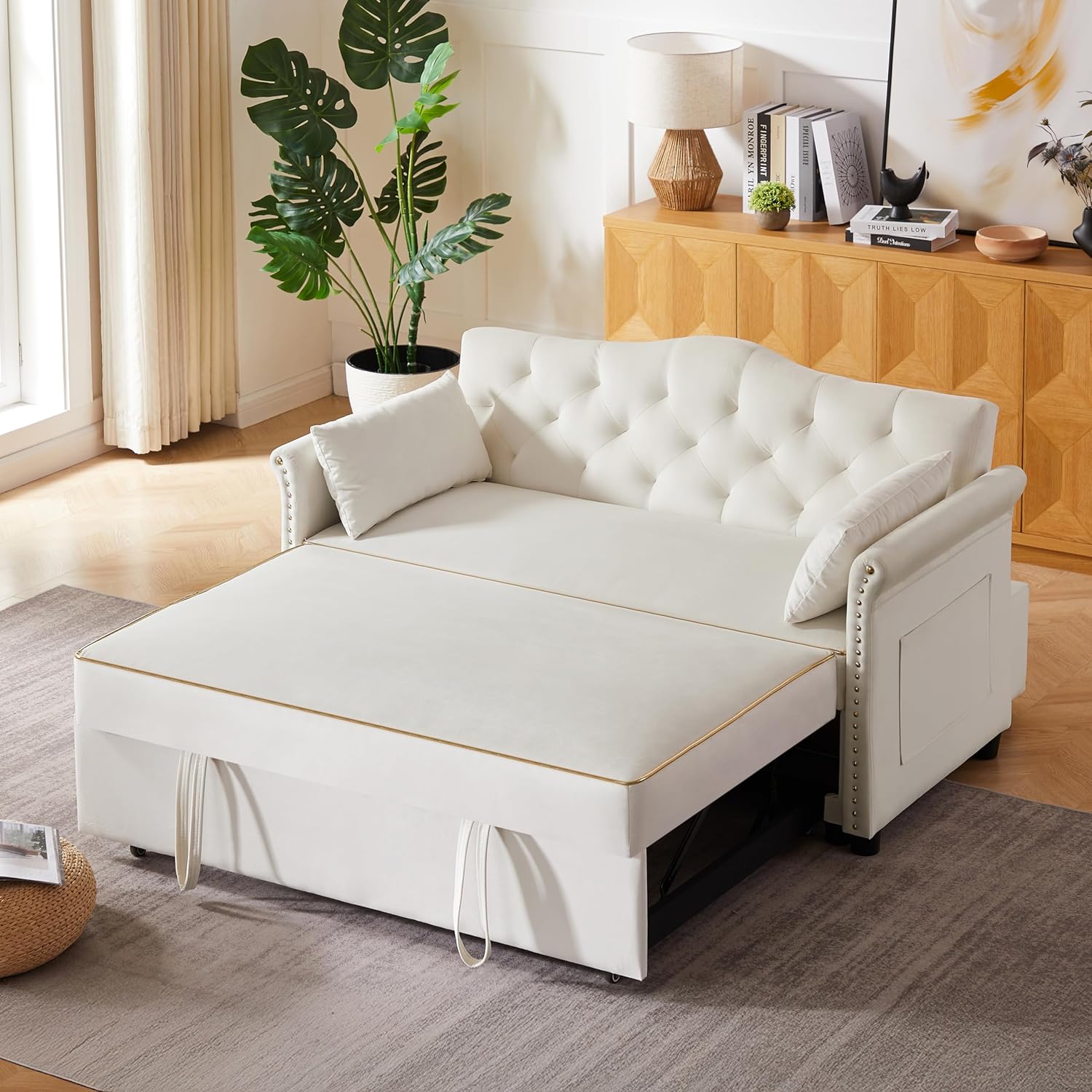 65'' 3-in-1 Folding Convertible Sofa Bed, Queen Size Pullout Sofa, Modern Chenille Fabric, 360° Swivel Side Table, Easy Assembly, Perfect for Living Room