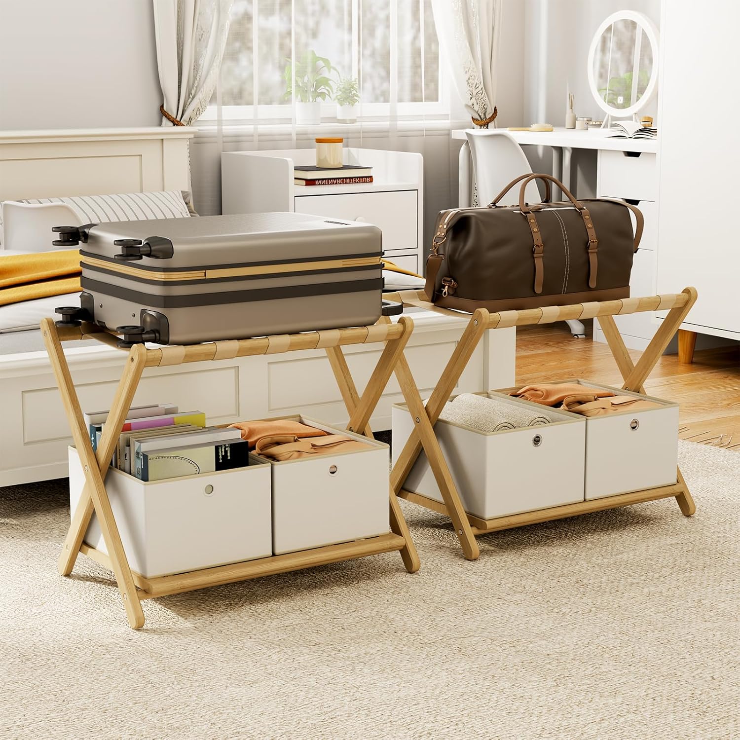 Fully Assembled Walnut Luggage Racks Set of 2, Bamboo Luggage Rack Stand for Guest Room, 5 Nylon Straps, 26.77" Folding Suitcase Stand with Storage Shelf for Bedroom Hotel, Holds up to 165 Lbs