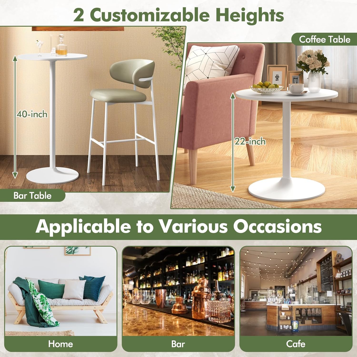 COSTWAY Round Bistro Table Se of 2, Height Adjustable Bar Height Cocktail Table, High Top Pub Table Snack Table with Heavy-Duty Metal Base for Home Bar, Dining Room, Restaurant, White
