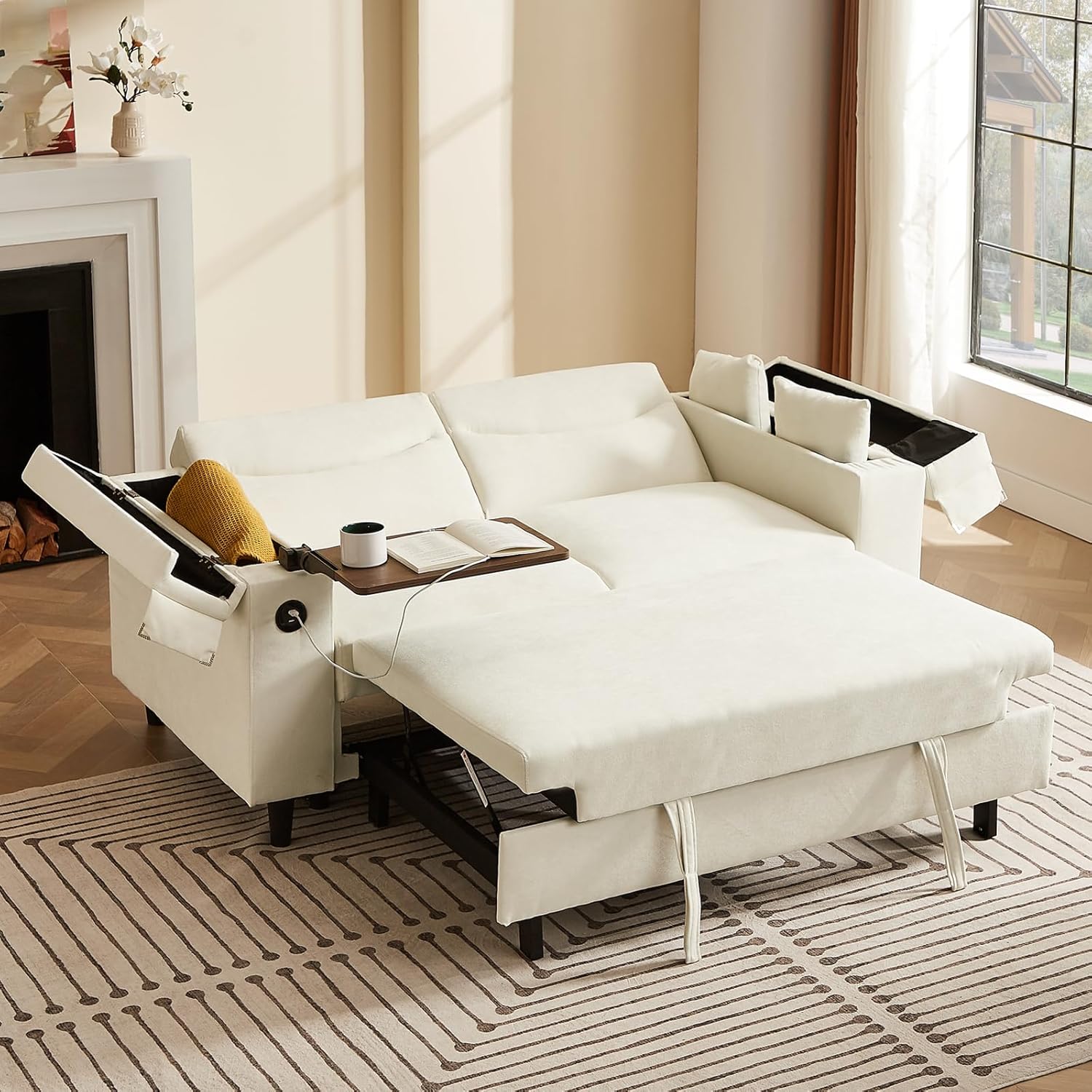 65'' 3-in-1 Folding Convertible Sofa Bed, Queen Size Pullout Sofa, Modern Chenille Fabric, 360° Swivel Side Table, Easy Assembly, Perfect for Living Room