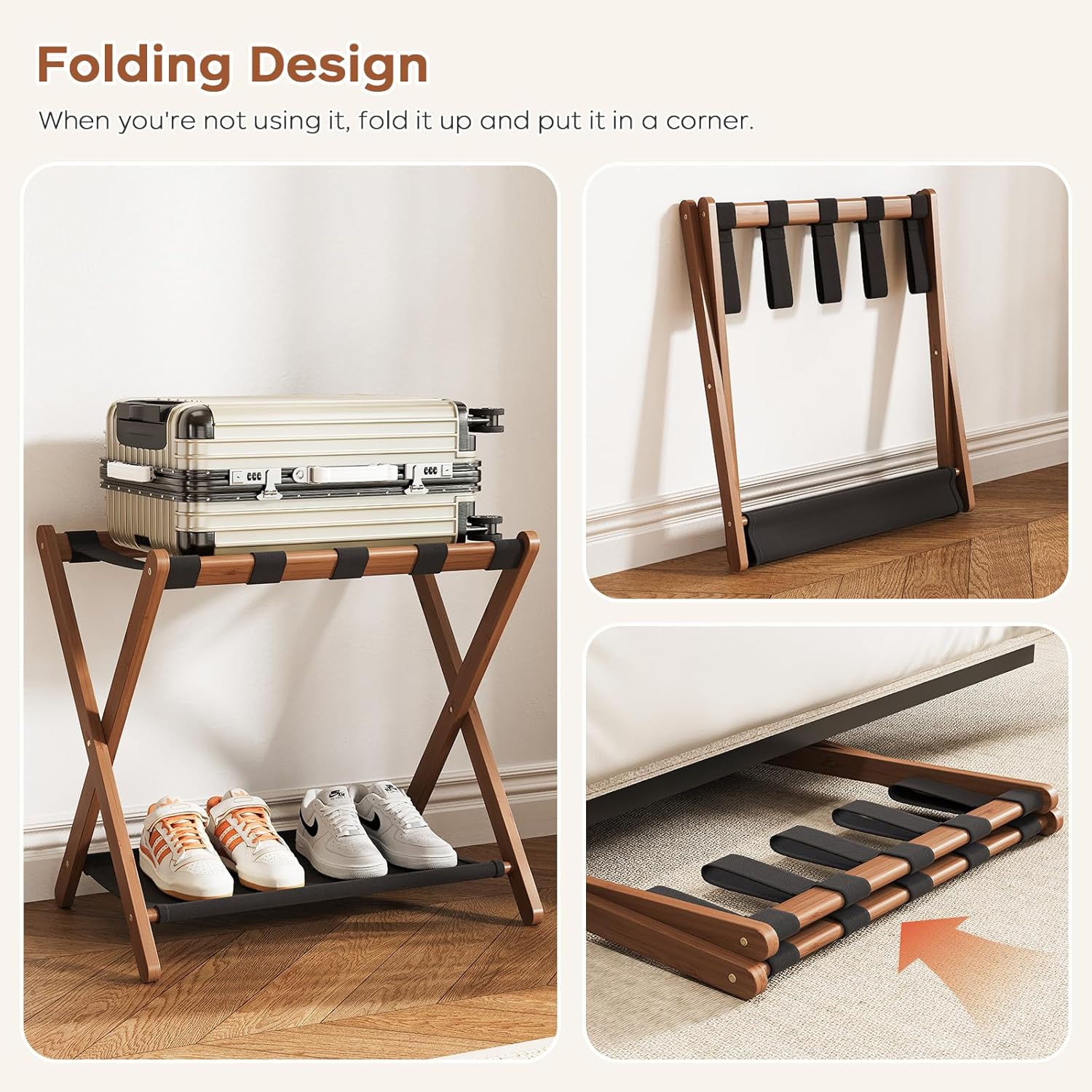 Fully Assembled Walnut Luggage Racks Set of 2, Bamboo 26.77" Luggage Rack Stand for Guest Room, 5 Nylon Straps, Foldable Suitcase Stand with Storage Shelf for Bedroom Hotel, Holds up to 165 Lbs