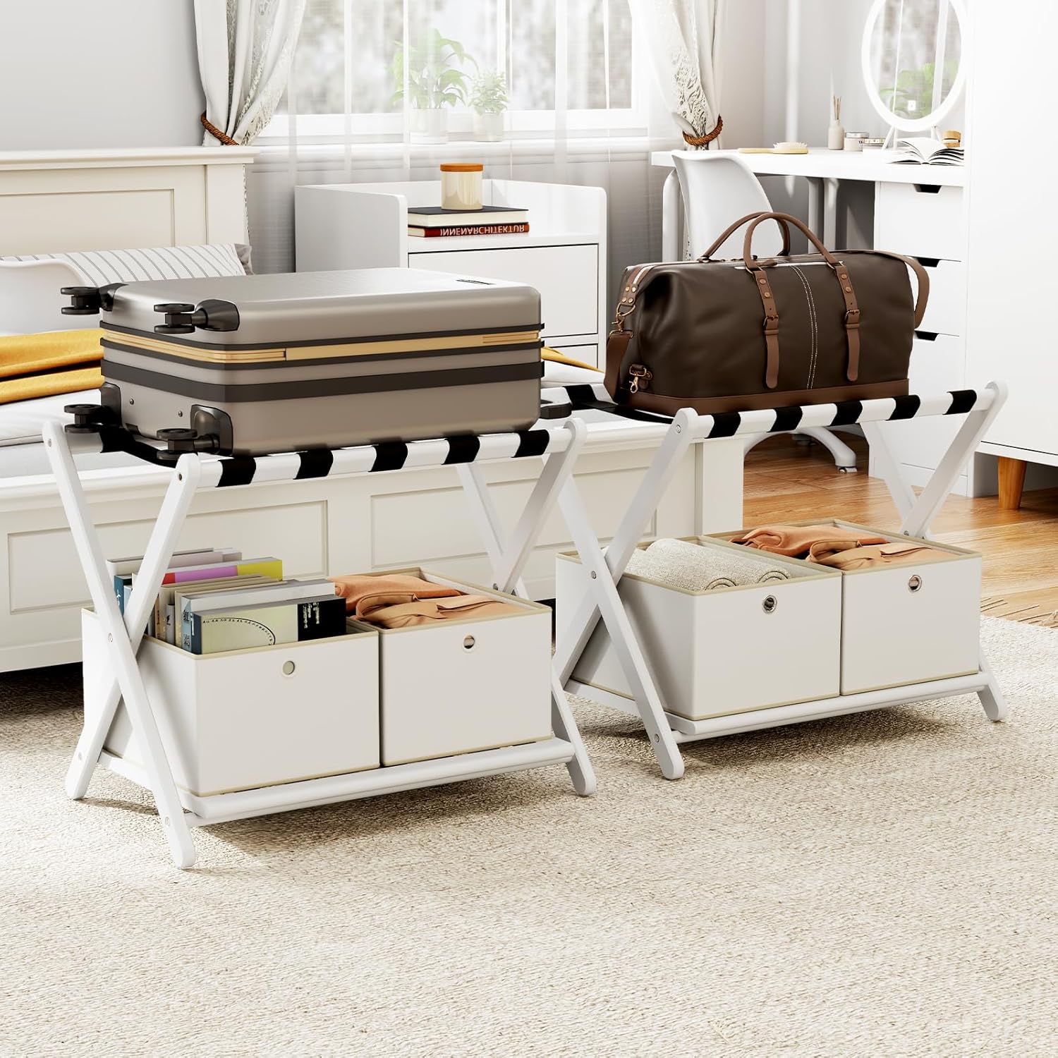 Fully Assembled Walnut Luggage Racks Set of 2, Bamboo Luggage Rack Stand for Guest Room, 5 Nylon Straps, 26.77" Folding Suitcase Stand with Storage Shelf for Bedroom Hotel, Holds up to 165 Lbs